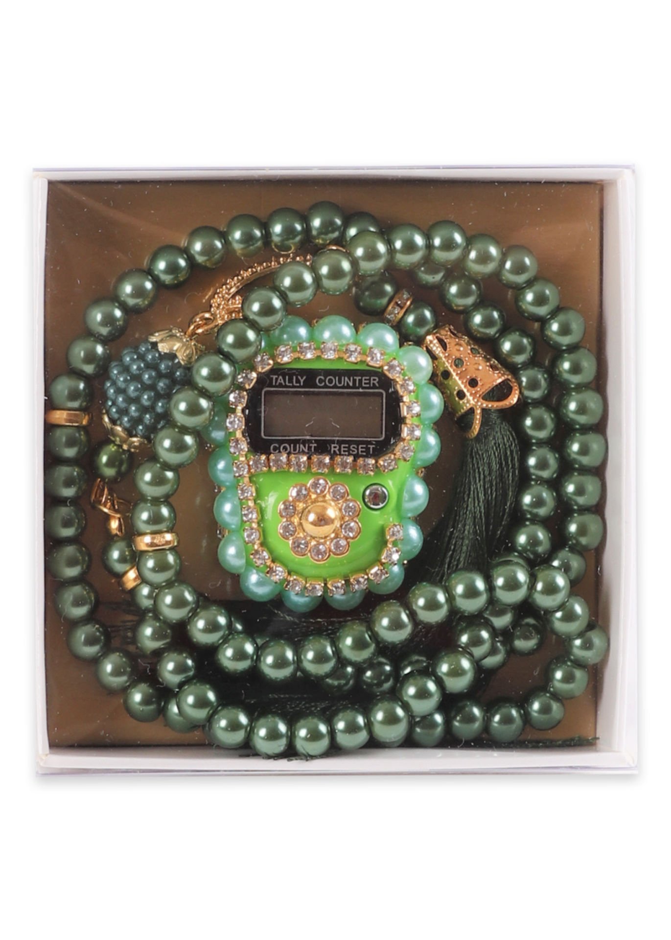 Taşlı Çiçekli Zikirmatik+ İnci Tespih (Kutulu) YEŞİL