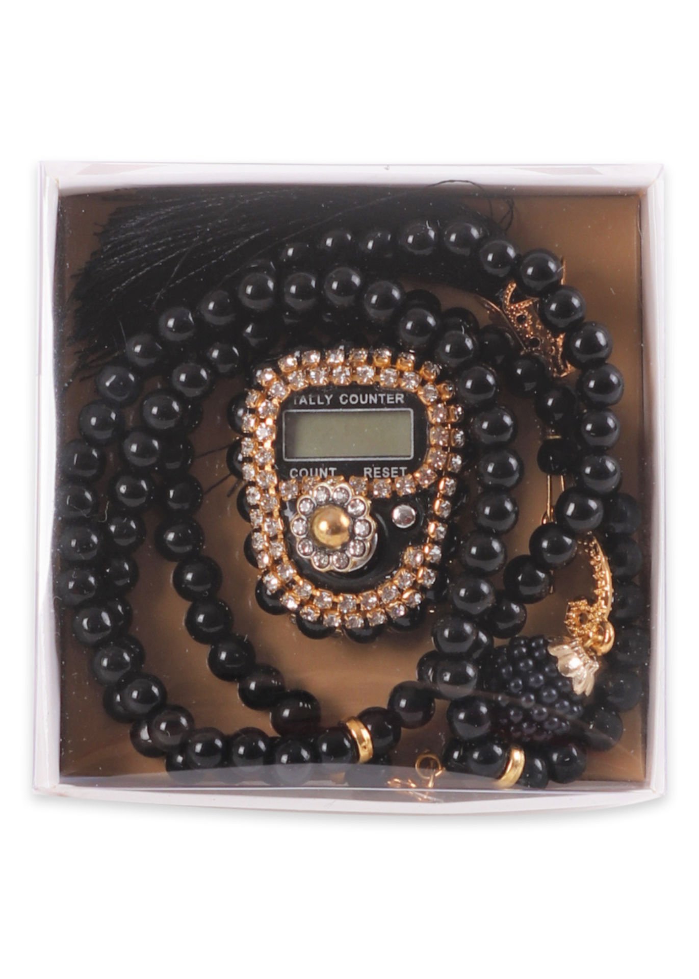 Taşlı Çiçekli Zikirmatik+ İnci Tespih (Kutulu) SİYAH