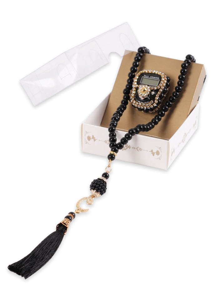 Taşlı Çiçekli Zikirmatik+ İnci Tespih (Kutulu) SİYAH