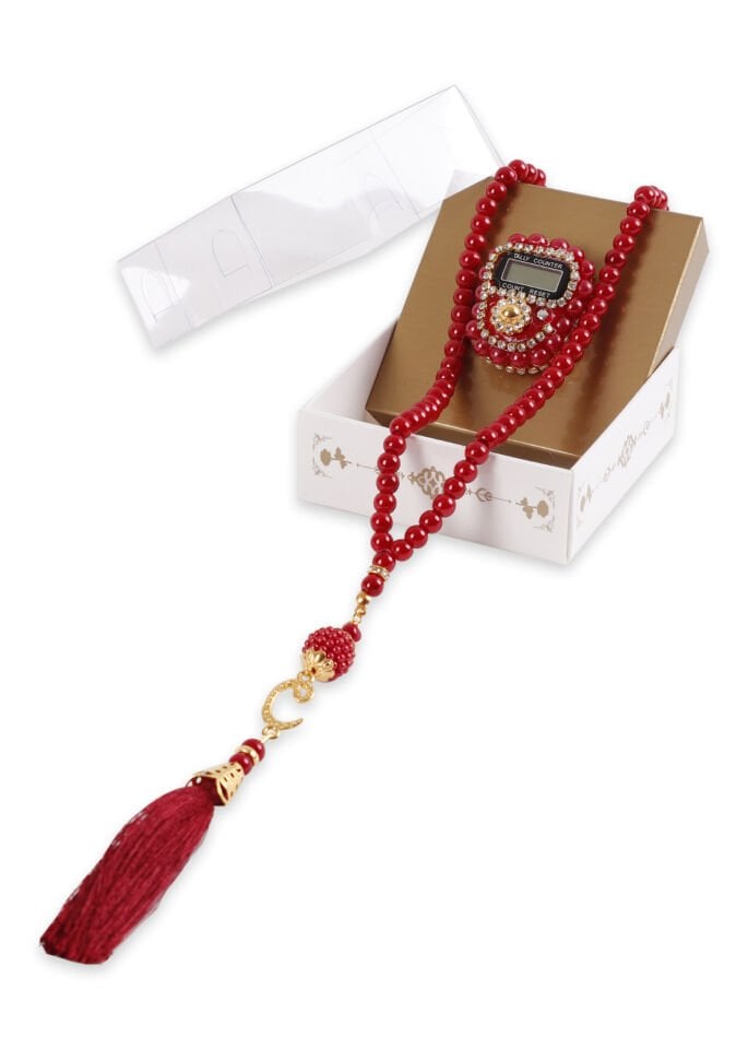 Taşlı Çiçekli Zikirmatik+ İnci Tespih (Kutulu) BORDO