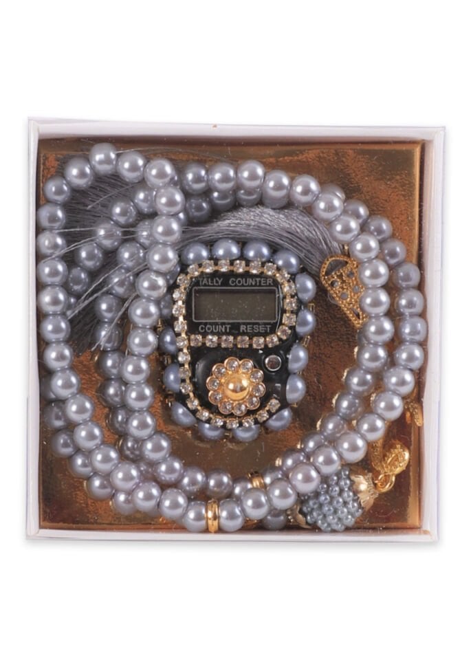 Taşlı Çiçekli Zikirmatik+ İnci Tespih (Kutulu) GRİ