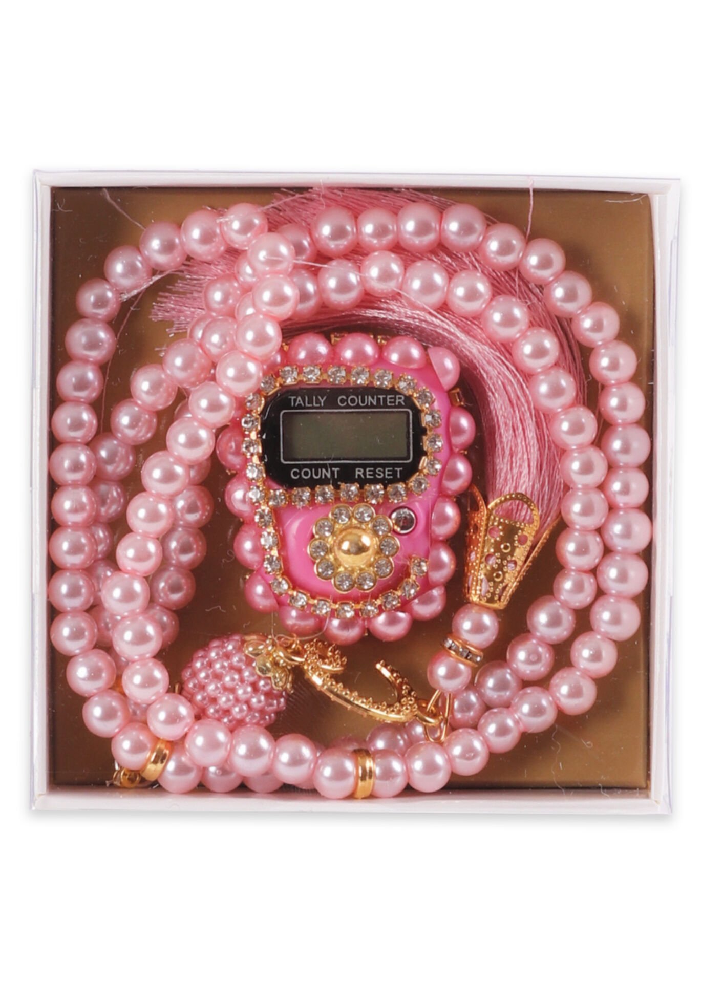 Taşlı Çiçekli Zikirmatik+ İnci Tespih (Kutulu) PUDRA