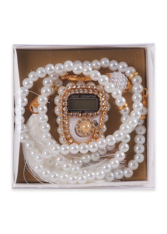 Taşlı Çiçekli Zikirmatik+ İnci Tespih (Kutulu) KREM