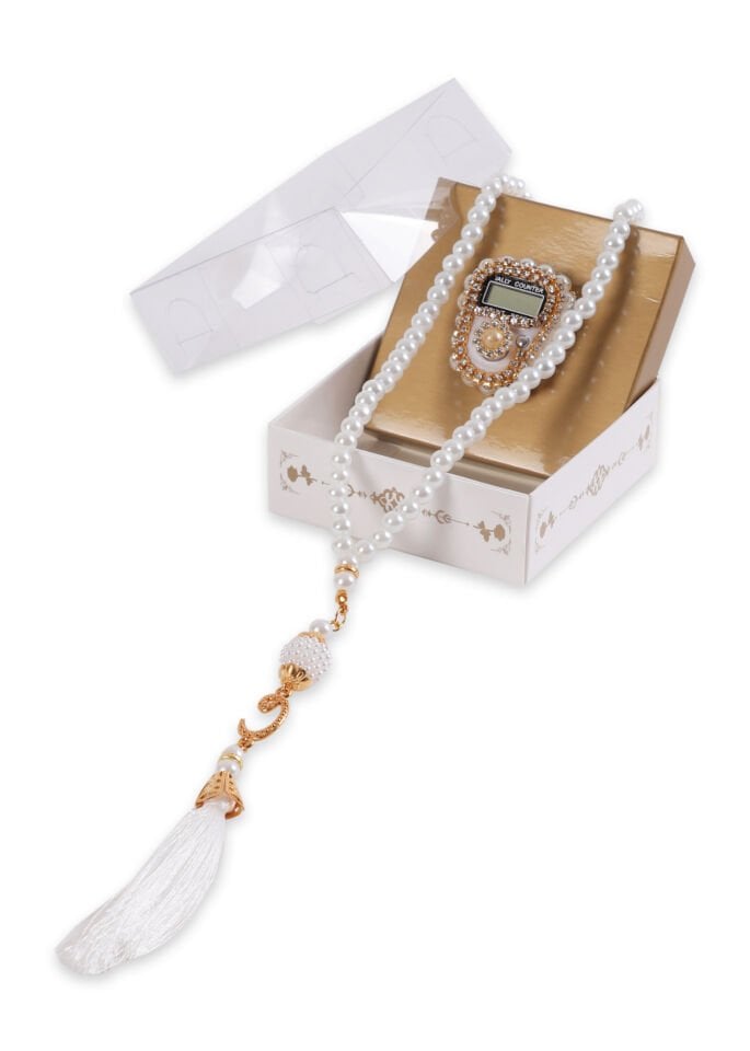 Taşlı Çiçekli Zikirmatik+ İnci Tespih (Kutulu) KREM