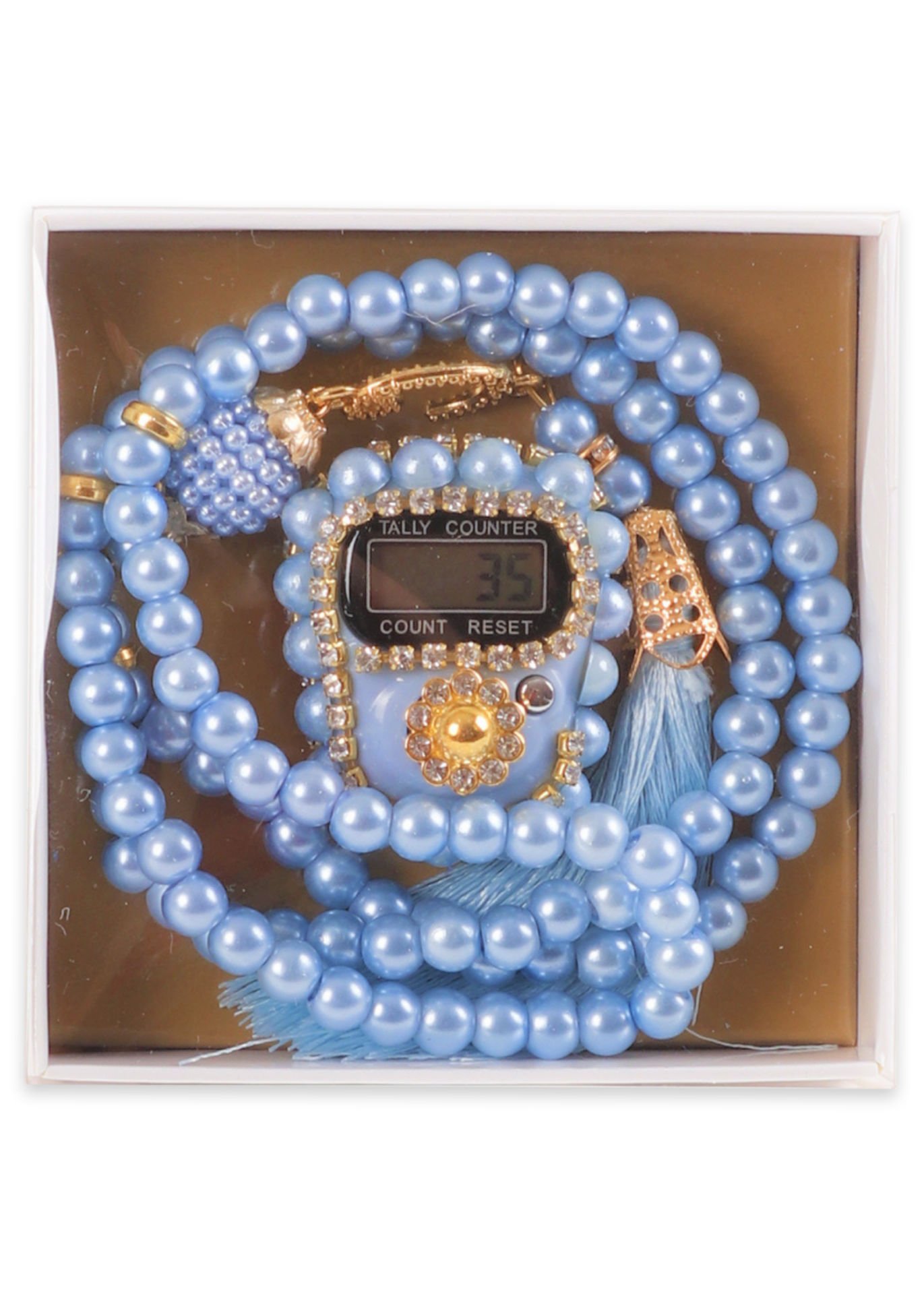 Taşlı Çiçekli Zikirmatik+ İnci Tespih (Kutulu) BEBE MAVİ