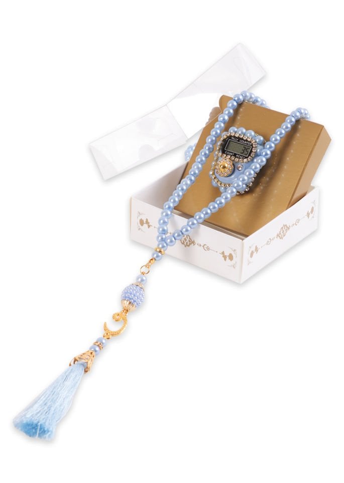 Taşlı Çiçekli Zikirmatik+ İnci Tespih (Kutulu) BEBE MAVİ