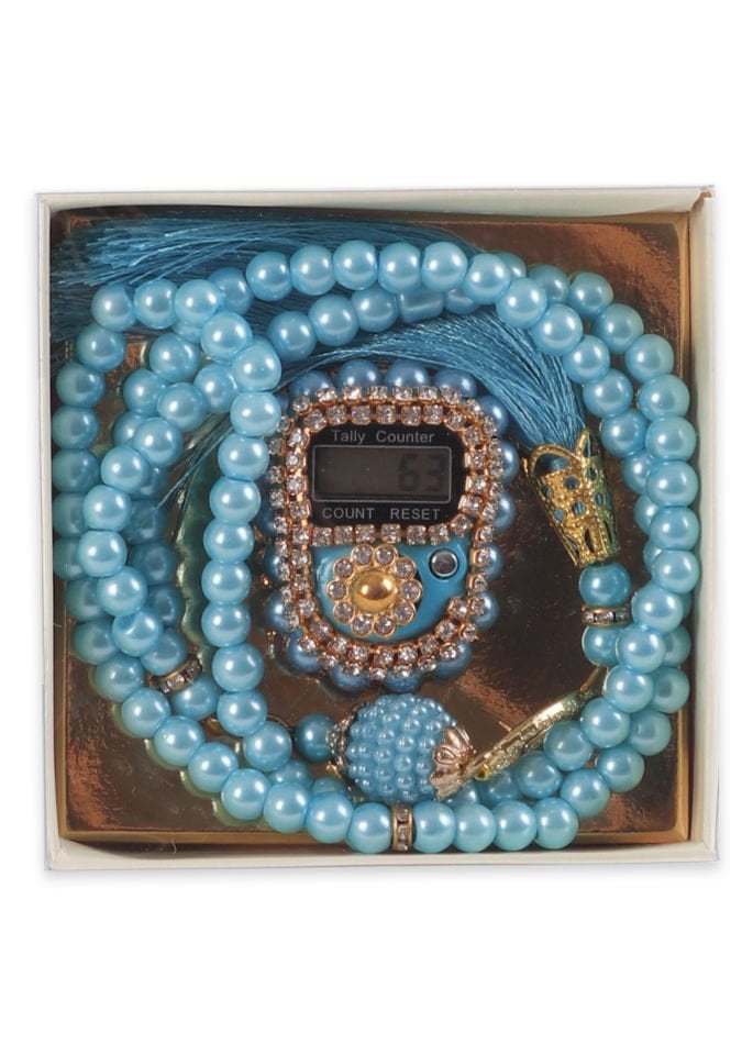 Taşlı Çiçekli Zikirmatik+ İnci Tespih (Kutulu) TURKUAZ