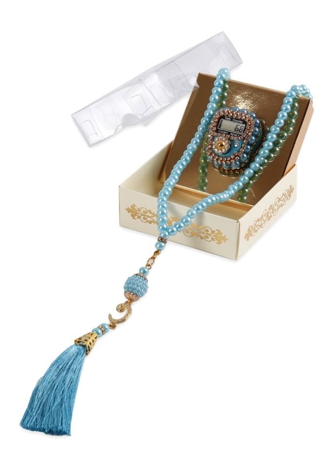 Taşlı Çiçekli Zikirmatik+ İnci Tespih (Kutulu) TURKUAZ