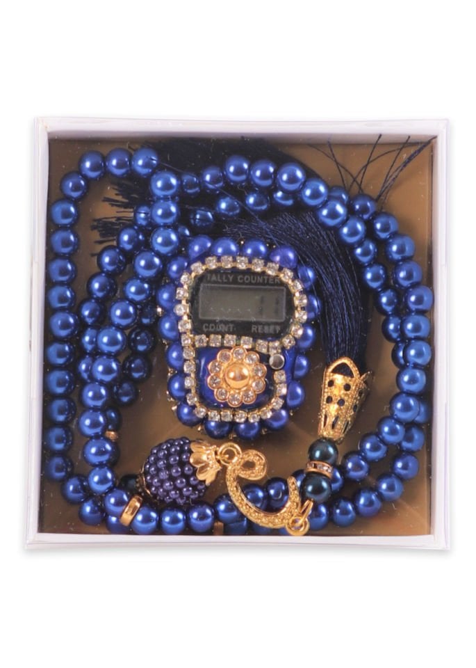 Taşlı Çiçekli Zikirmatik+ İnci Tespih (Kutulu) LACİVERT