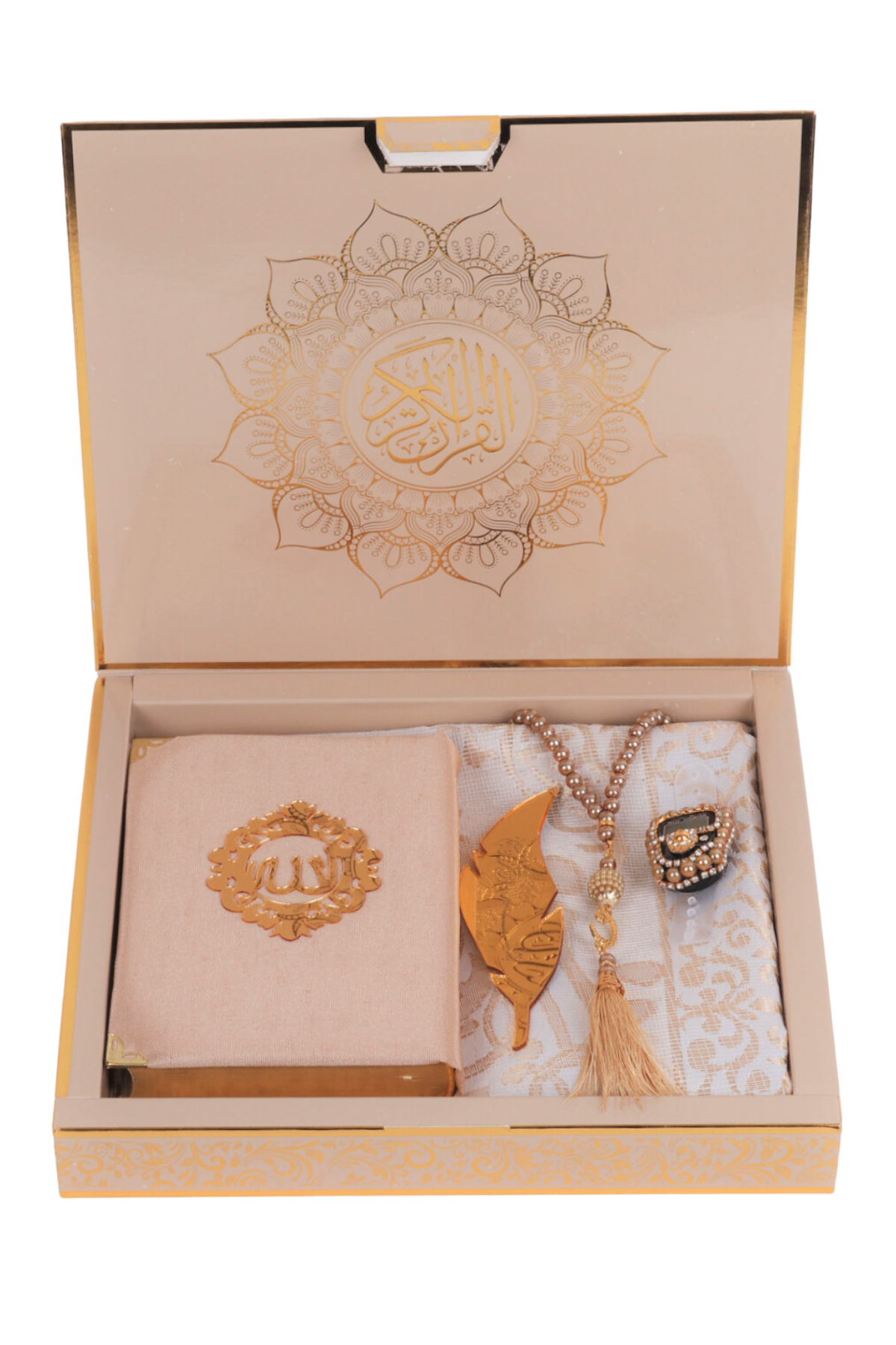 HİRA SERİSİ (Kuran+Pamuk Seccade+inci vavlı Tespih+Taşlı Zikirmatik+Ayraç) GOLD
