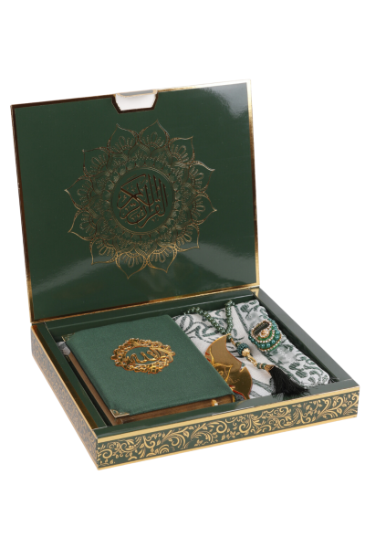 HİRA SERİSİ (Kuran+Pamuk Seccade+inci vavlı Tespih+Taşlı Zikirmatik+Ayraç) YEŞİL