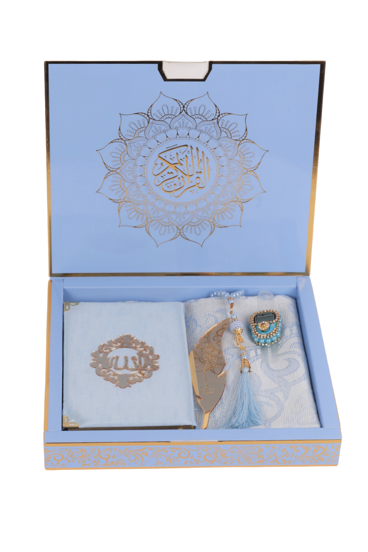 HİRA SERİSİ (Kuran+Pamuk Seccade+inci vavlı Tespih+Taşlı Zikirmatik+Ayraç) BEBE MAVİ