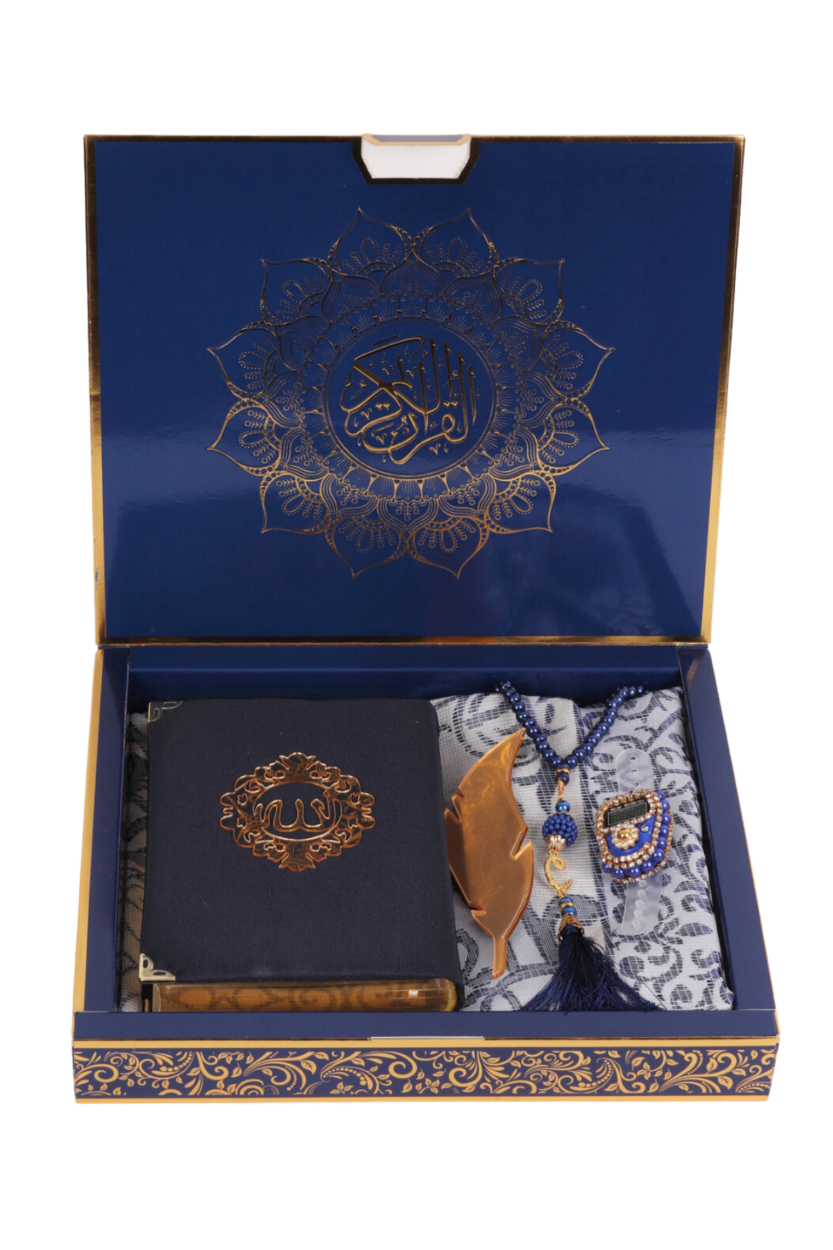 HİRA SERİSİ (Kuran+Pamuk Seccade+inci vavlı Tespih+Taşlı Zikirmatik+Ayraç) LACİVERT