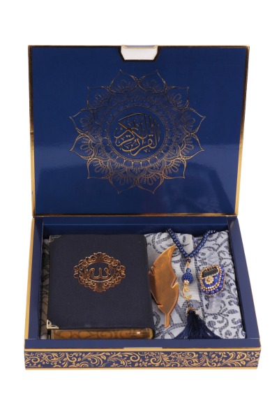 HİRA SERİSİ (Kuran+Pamuk Seccade+inci vavlı Tespih+Taşlı Zikirmatik+Ayraç) LACİVERT
