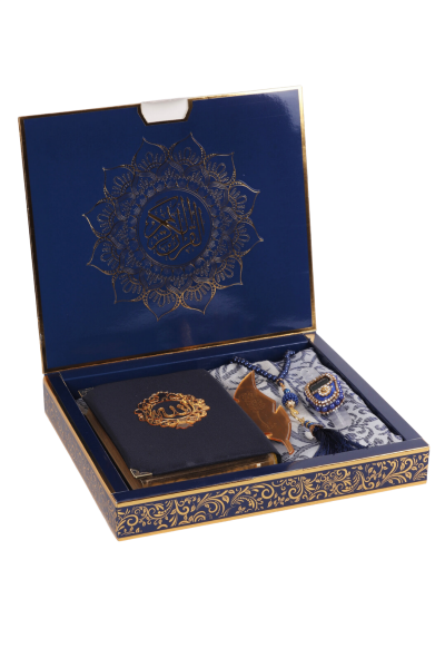 HİRA SERİSİ (Kuran+Pamuk Seccade+inci vavlı Tespih+Taşlı Zikirmatik+Ayraç) LACİVERT