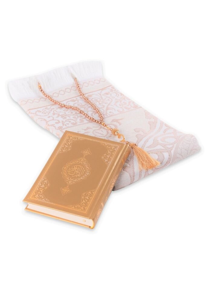 LİNA SERİSİ 3'lü SET ( Çanta Boy Termo Kuran + Seccade + İnci Tespih ) NO.2 GOLD