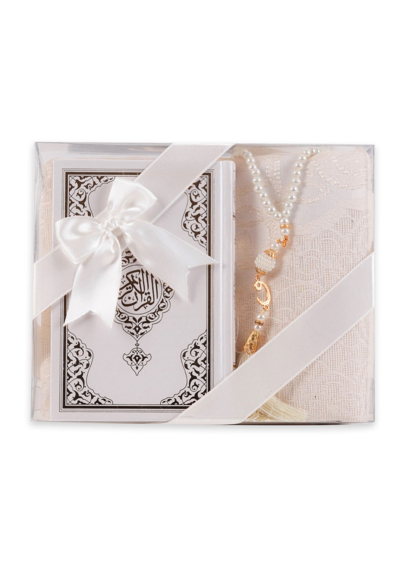 LİNA SERİSİ 3'lü SET ( Çanta Boy Termo Kuran + Seccade + İnci Tespih ) NO.2 KREM