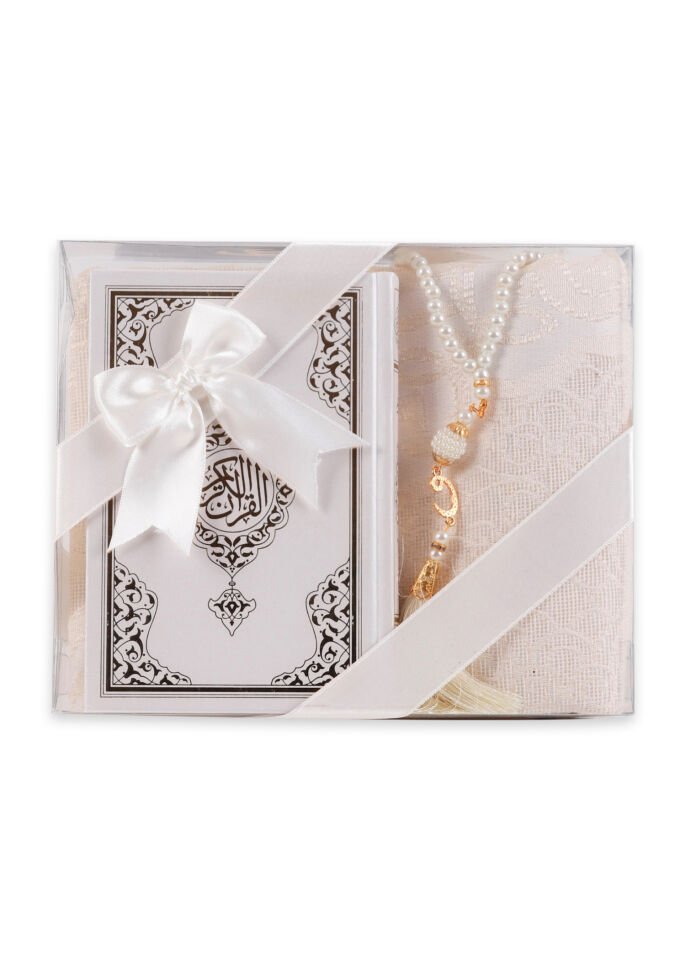 LİNA SERİSİ 3'lü SET ( Çanta Boy Termo Kuran + Seccade + İnci Tespih ) NO.2 KREM