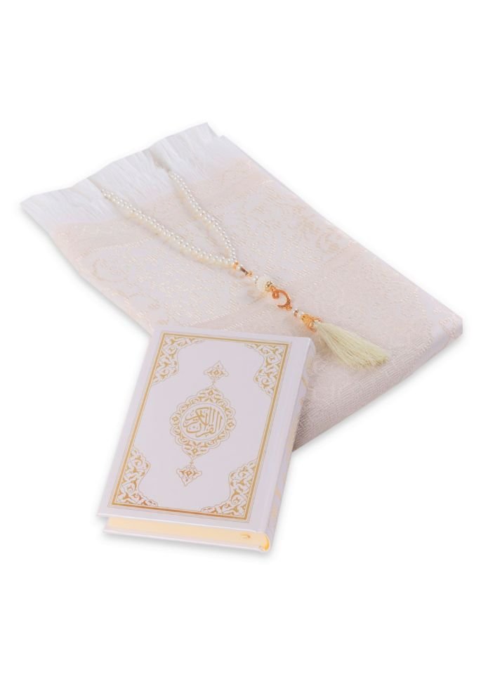 LİNA SERİSİ 3'lü SET ( Çanta Boy Termo Kuran + Seccade + İnci Tespih ) NO.2 KREM