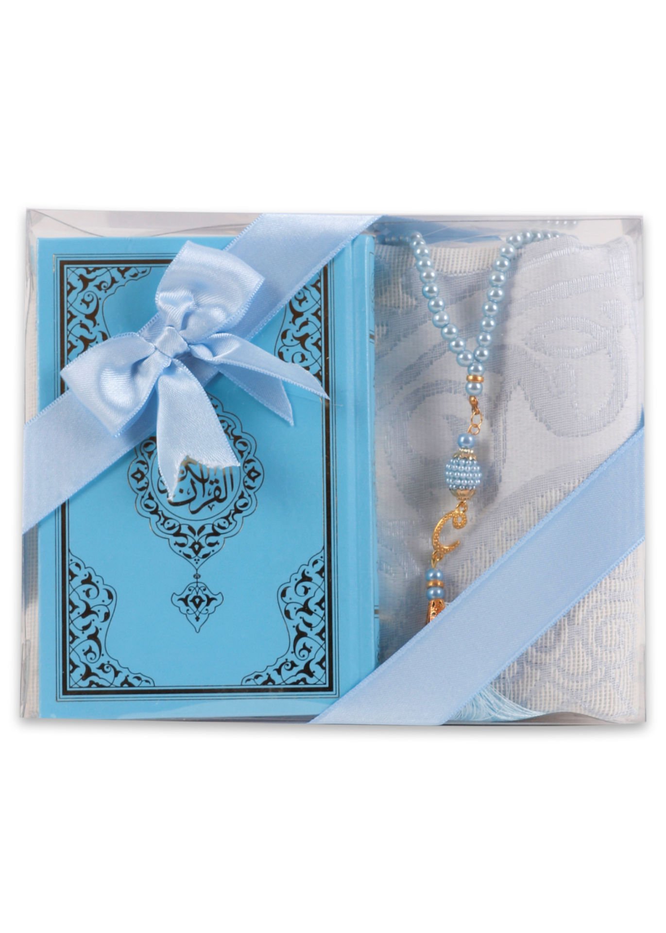 LİNA SERİSİ 3'lü SET ( Çanta Boy Termo Kuran + Seccade + İnci Tespih ) NO.2 BEBE MAVİ