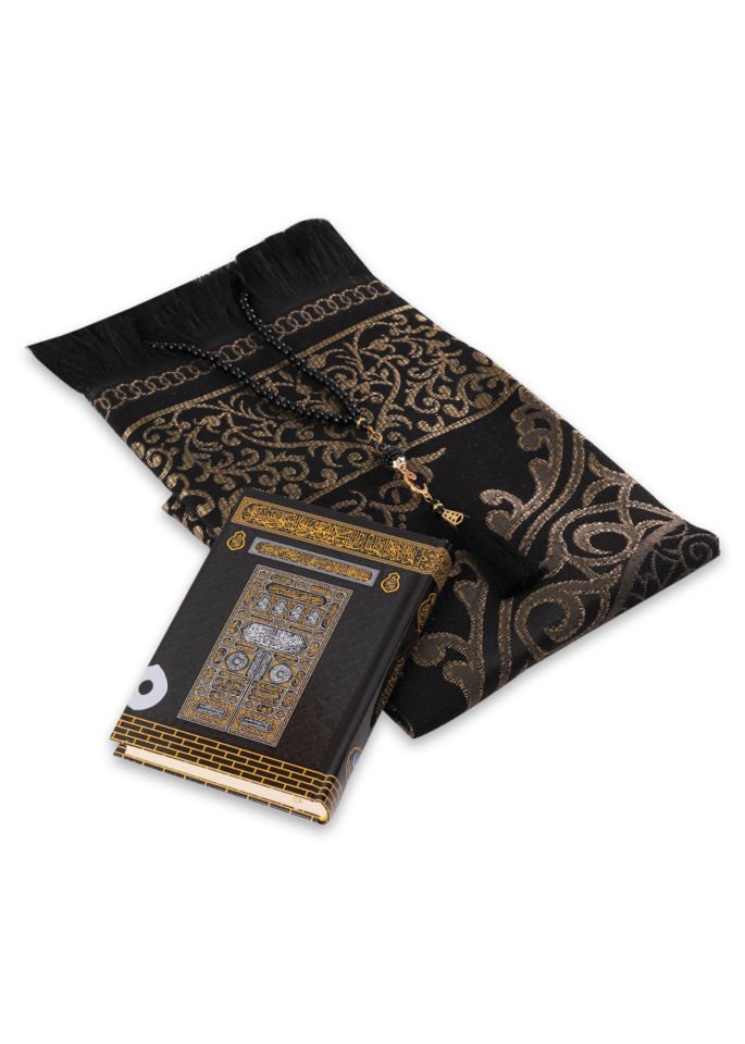 LİNA SERİSİ 3'lü SET ( Çanta Boy Termo Kuran + Seccade + İnci Tespih ) NO.2 SİYAH-GOLD