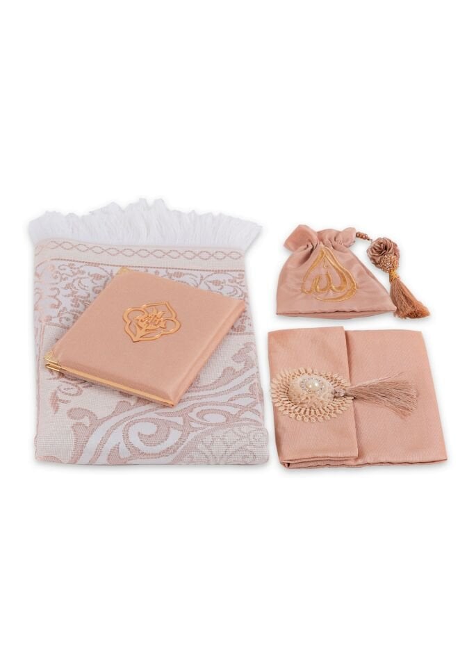 ENFAL SERİSİ 5'li SET (Seccade + Disko Tespih +  Nakış Kese + Çanta + Yasin) NO:2 GOLD