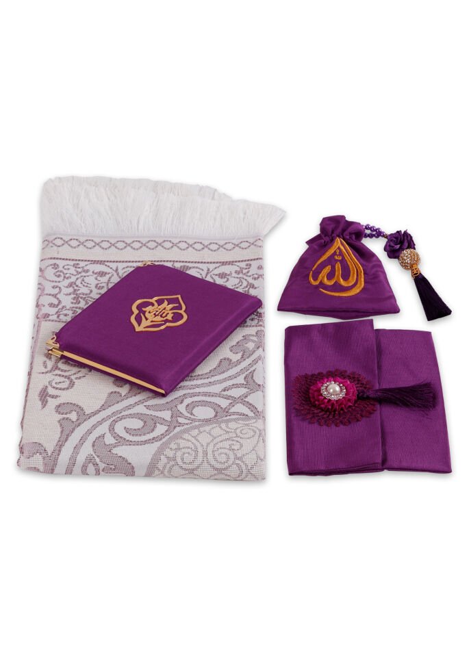 ENFAL SERİSİ 5'li SET (Seccade + Disko Tespih +  Nakış Kese + Çanta + Yasin) NO:2 MÜRDÜM