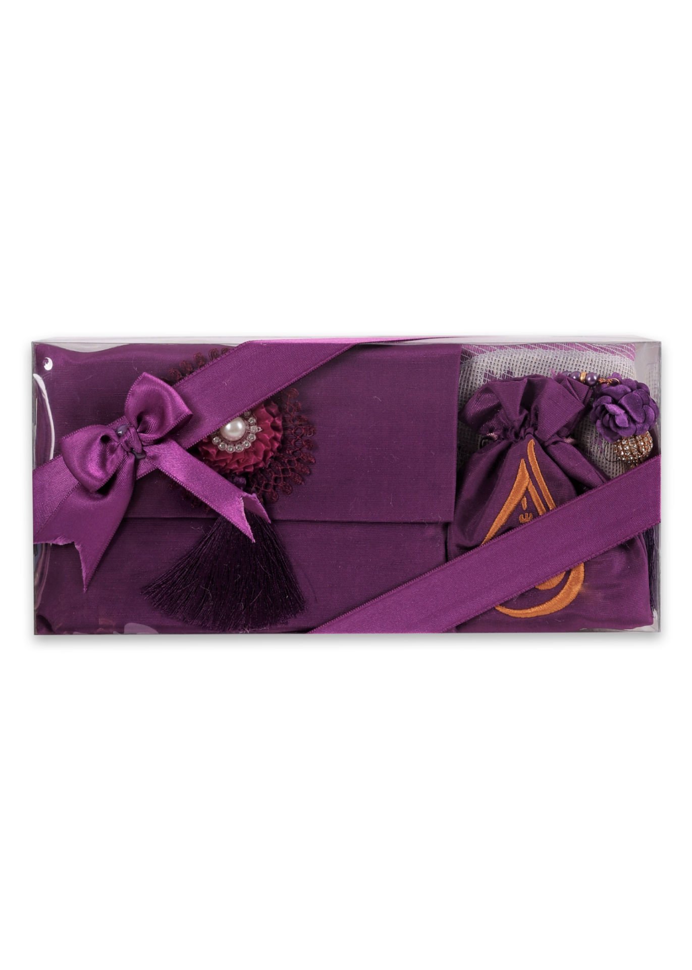 ENFAL SERİSİ 5'li SET (Seccade + Disko Tespih +  Nakış Kese + Çanta + Yasin) NO:2 MÜRDÜM