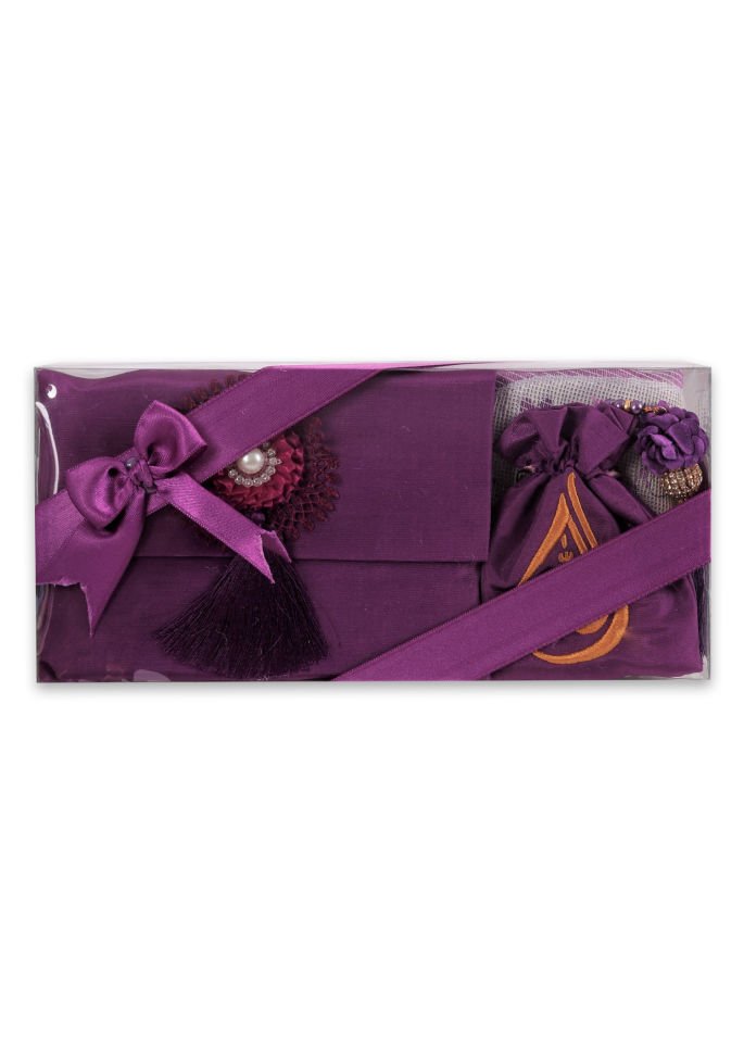 ENFAL SERİSİ 5'li SET (Seccade + Disko Tespih +  Nakış Kese + Çanta + Yasin) NO:2 MÜRDÜM