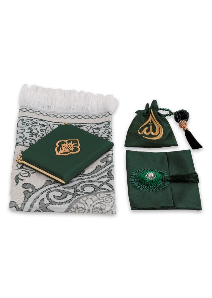 ENFAL SERİSİ 5'li SET (Seccade + Disko Tespih +  Nakış Kese + Çanta + Yasin) NO:2 YEŞİL