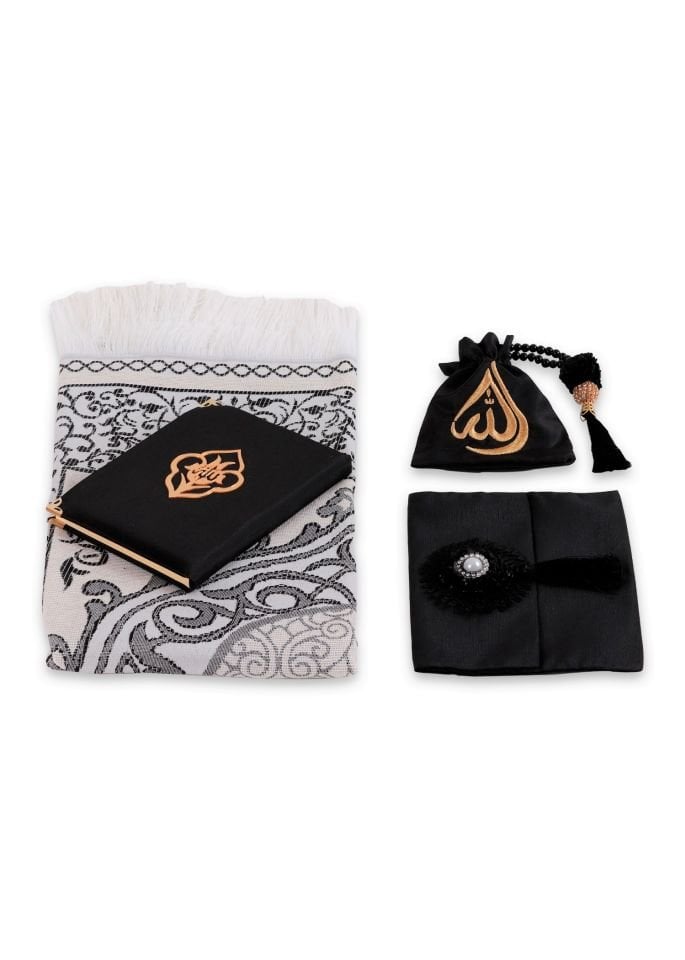 ENFAL SERİSİ 5'li SET (Seccade + Disko Tespih +  Nakış Kese + Çanta + Yasin) NO:2 SİYAH