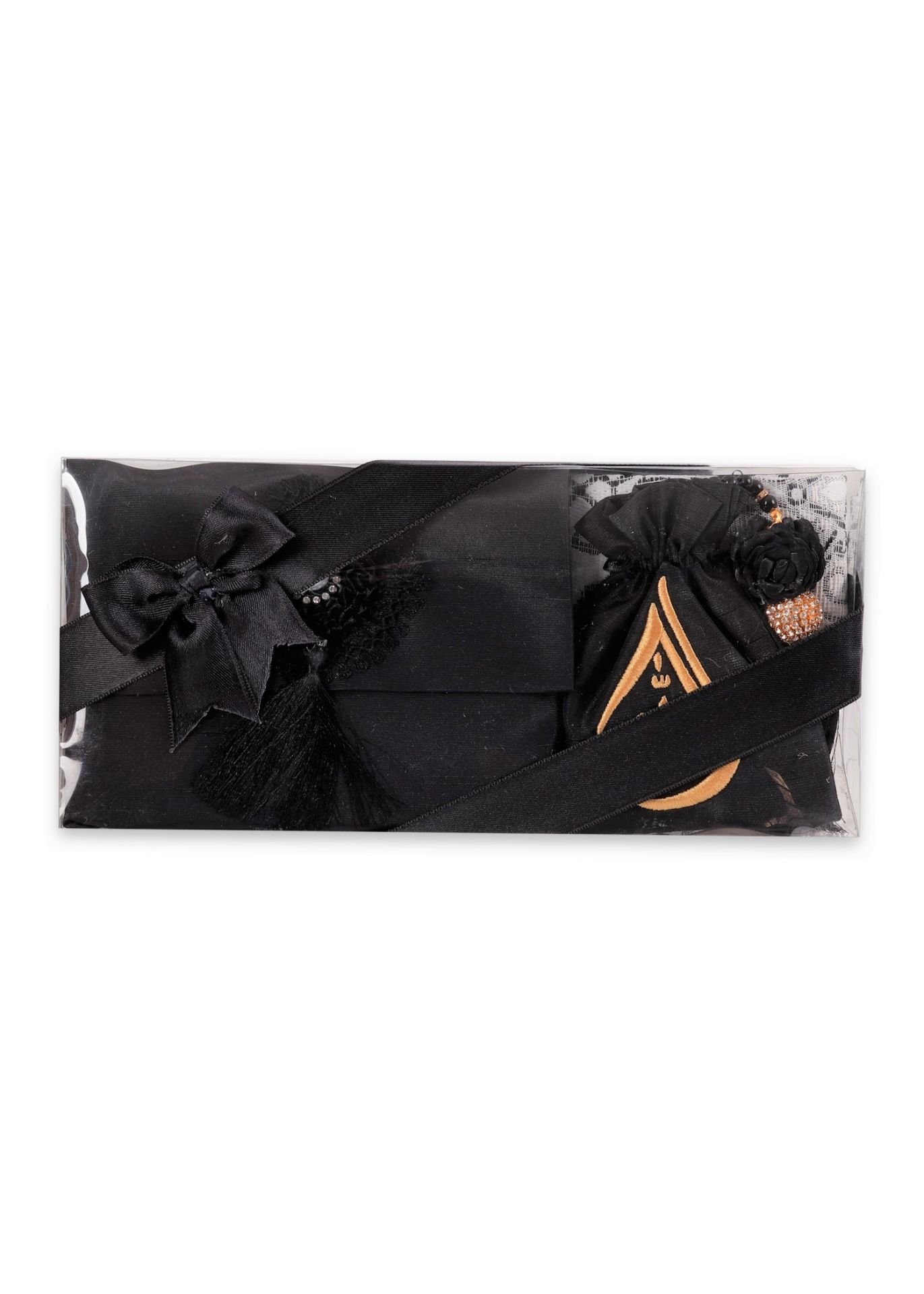 ENFAL SERİSİ 5'li SET (Seccade + Disko Tespih +  Nakış Kese + Çanta + Yasin) NO:2 SİYAH