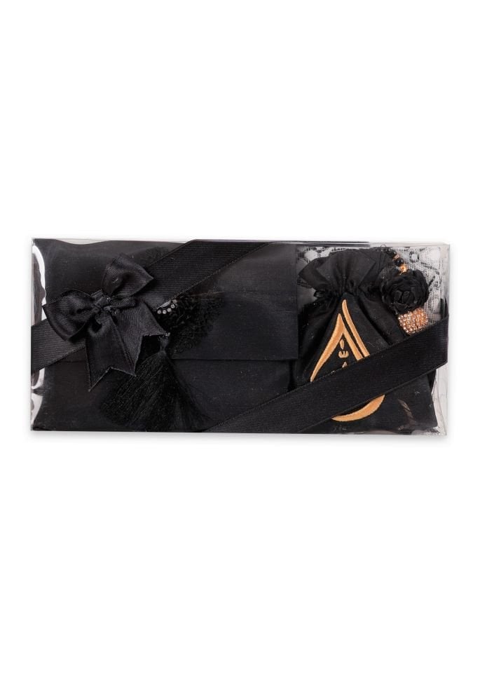 ENFAL SERİSİ 5'li SET (Seccade + Disko Tespih +  Nakış Kese + Çanta + Yasin) NO:2 SİYAH