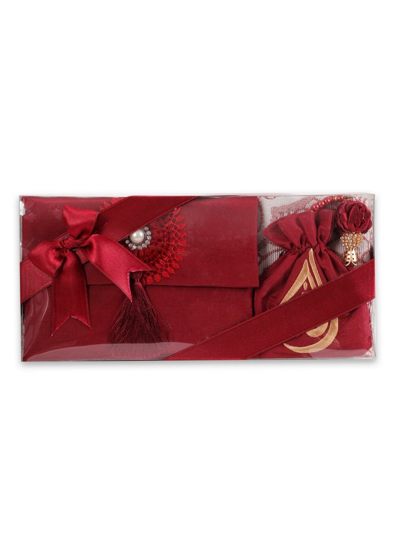 ENFAL SERİSİ 5'li SET (Seccade + Disko Tespih +  Nakış Kese + Çanta + Yasin) NO:2 BORDO