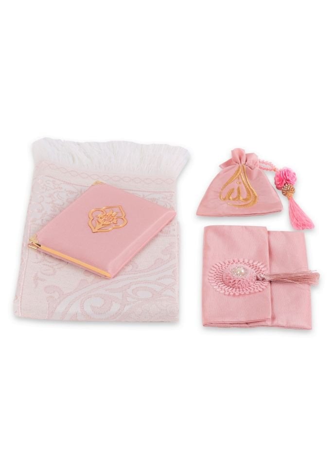 ENFAL SERİSİ 5'li SET (Seccade + Disko Tespih +  Nakış Kese + Çanta + Yasin) NO:2 PUDRA