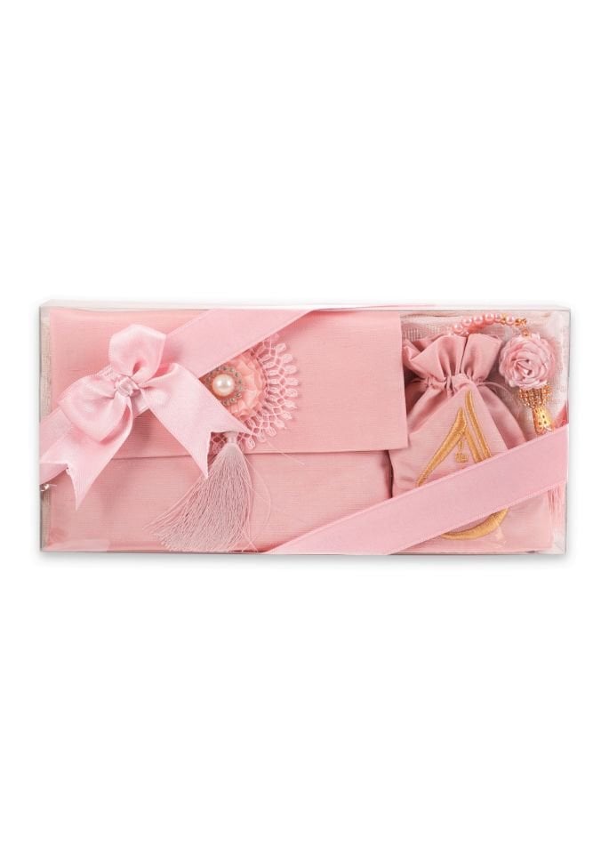 ENFAL SERİSİ 5'li SET (Seccade + Disko Tespih +  Nakış Kese + Çanta + Yasin) NO:2 PUDRA