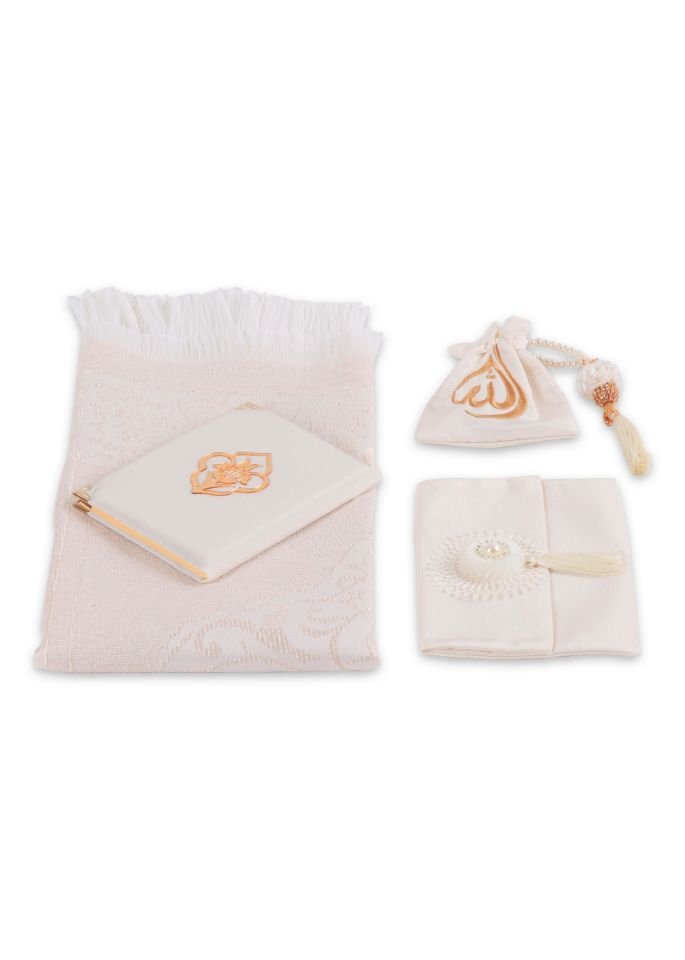 ENFAL SERİSİ 5'li SET (Seccade + Disko Tespih +  Nakış Kese + Çanta + Yasin) NO:2 KREM