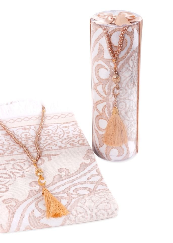 DUHA SERİSİ 2'li SET (Silindir Asetat  Pamuk Seccade+ İnci Tespih 24.5X8 ) GOLD