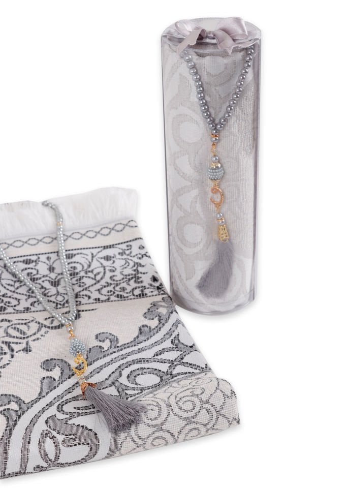 DUHA SERİSİ 2'li SET (Silindir Asetat  Pamuk Seccade+ İnci Tespih 24.5X8 ) GRİ