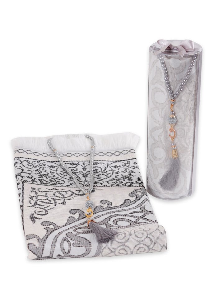 DUHA SERİSİ 2'li SET (Silindir Asetat  Pamuk Seccade+ İnci Tespih 24.5X8 ) GRİ