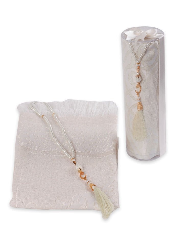 DUHA SERİSİ 2'li SET (Silindir Asetat  Pamuk Seccade+ İnci Tespih 24.5X8 ) KREM