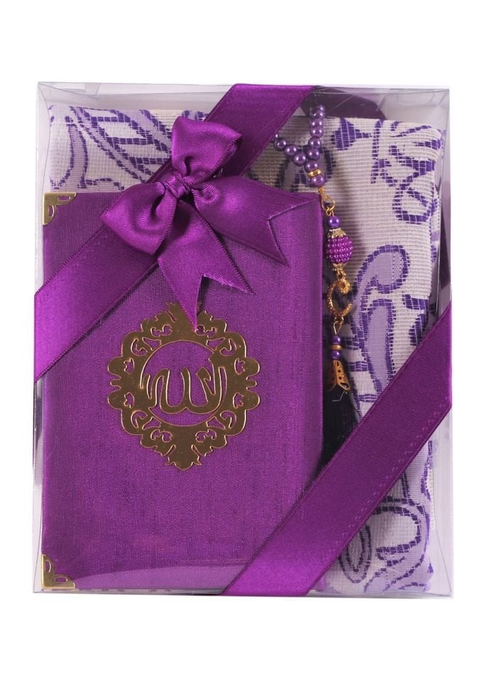 ASEL SERİSİ 3'lü SET (Pamuk Seccade + İnci Tespih + Şantuk Kuran) NO:2 MÜRDÜM