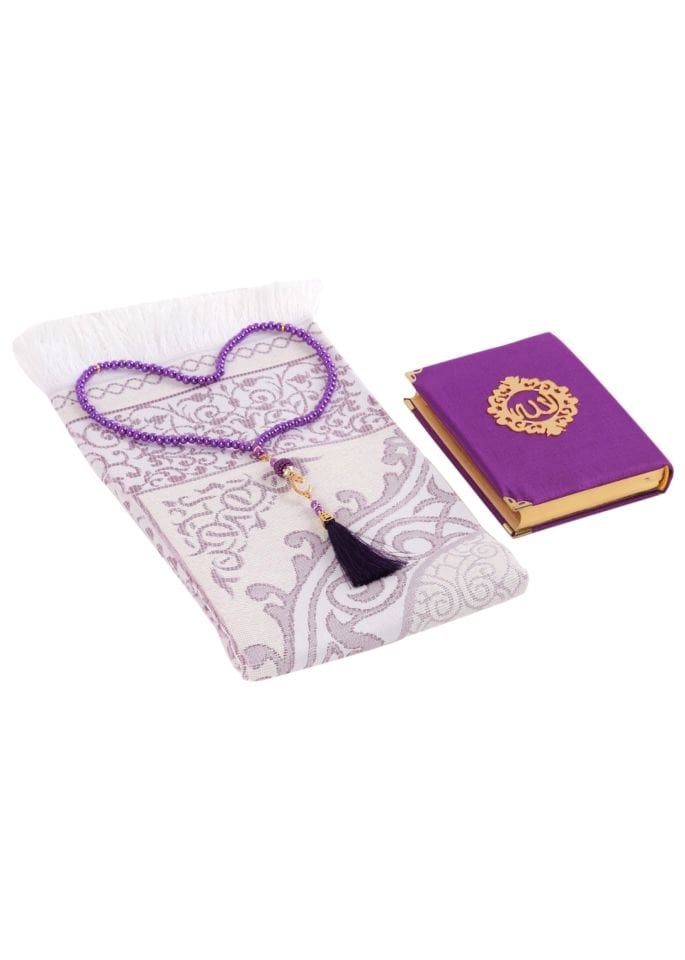 ASEL SERİSİ 3'lü SET (Pamuk Seccade + İnci Tespih + Şantuk Kuran) NO:2 MÜRDÜM