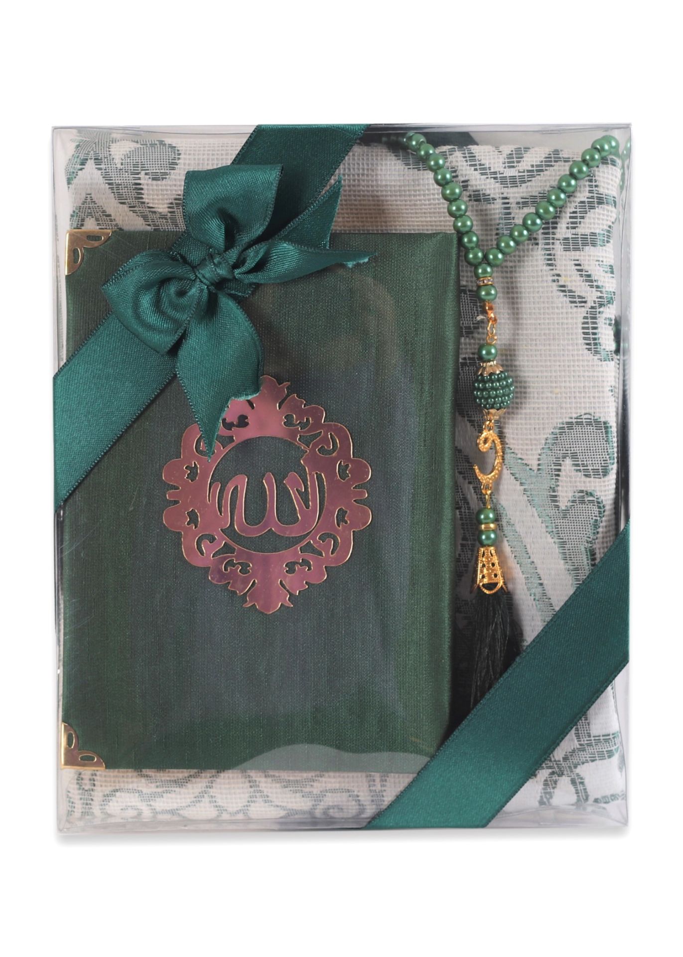 ASEL SERİSİ 3'lü SET (Pamuk Seccade + İnci Tespih + Şantuk Kuran) NO:2 YEŞİL