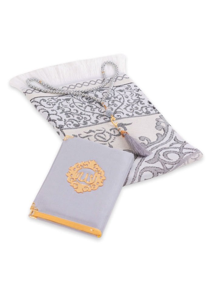 ASEL SERİSİ 3'lü SET (Pamuk Seccade + İnci Tespih + Şantuk Kuran) NO:2 GRİ