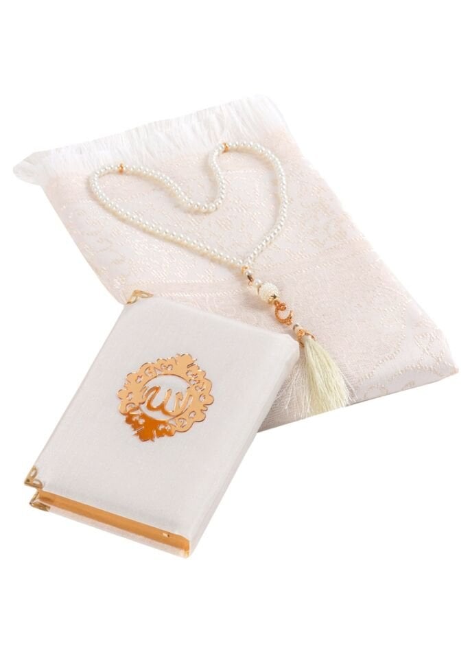 ASEL SERİSİ 3'lü SET (Pamuk Seccade + İnci Tespih + Şantuk Kuran) NO:2 KREM