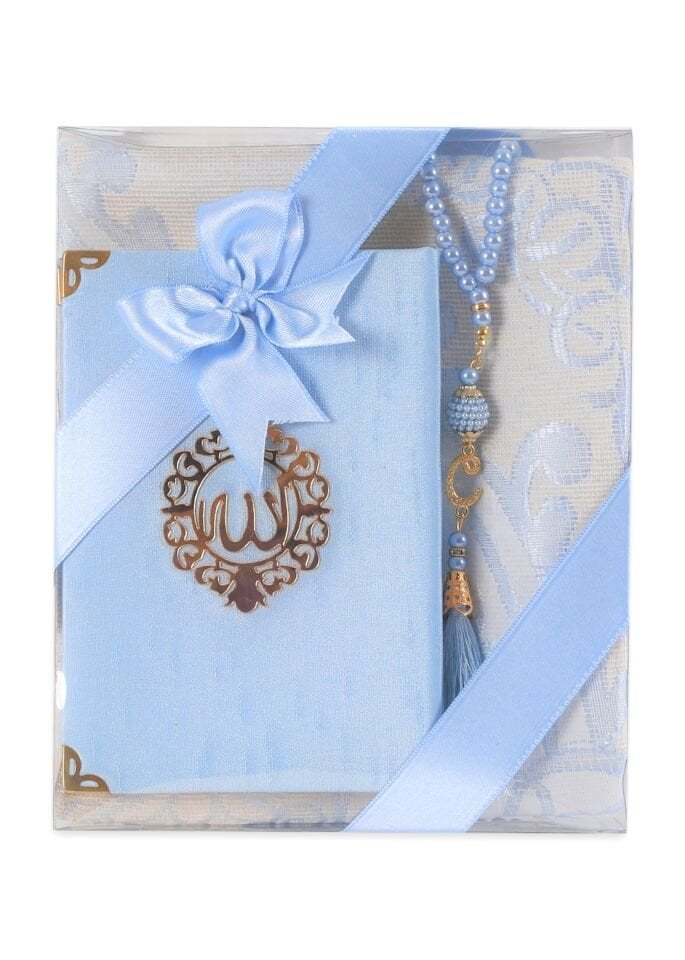 ASEL SERİSİ 3'lü SET (Pamuk Seccade + İnci Tespih + Şantuk Kuran) NO:2 BEBE MAVİ
