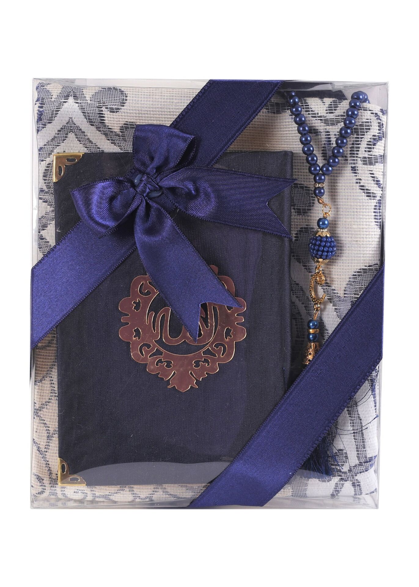 ASEL SERİSİ 3'lü SET (Pamuk Seccade + İnci Tespih + Şantuk Kuran) NO:2 LACİVERT