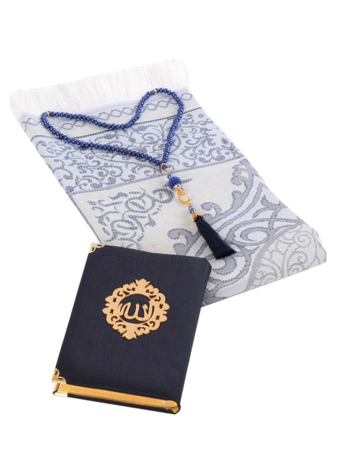 ASEL SERİSİ 3'lü SET (Pamuk Seccade + İnci Tespih + Şantuk Kuran) NO:2 LACİVERT