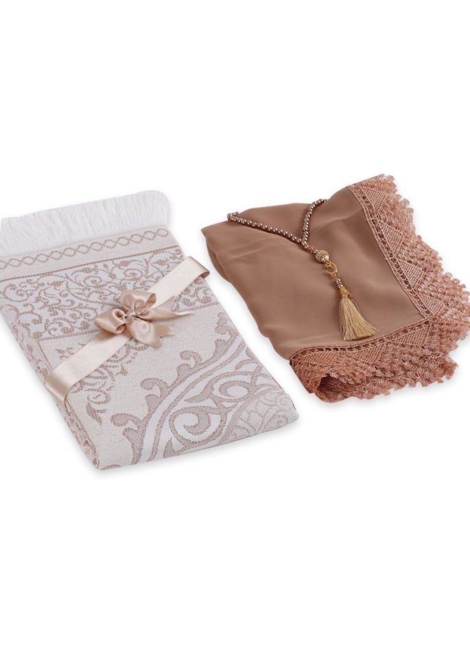 ECRİN SERİSİ (Pamuk Seccade+ Güpürlü Şal+İnci Tespih) NO:2 GOLD